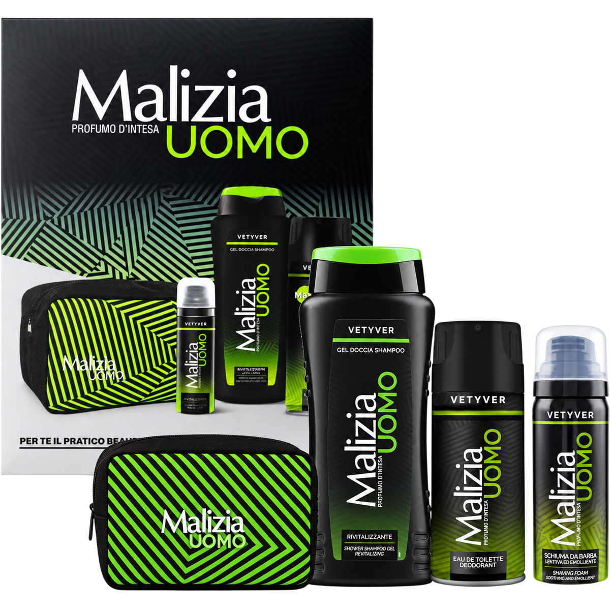 Malizia Coffret Cadeau Homme Vetyver – Gel Douche 250 ml, Mousse à Raser 50 ml & Déodorant Spray 175 ml avec Pochette