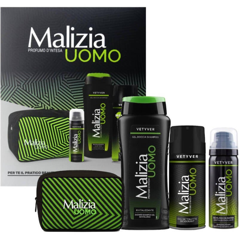 Malizia Coffret Cadeau Homme Vetyver – Gel Douche 250 ml, Mousse à Raser 50 ml & Déodorant Spray 175 ml avec Pochette