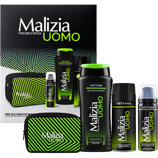 Malizia Coffret Cadeau Homme Vetyver – Gel Douche 250 ml, Mousse à Raser 50 ml & Déodorant Spray 175 ml avec Pochette